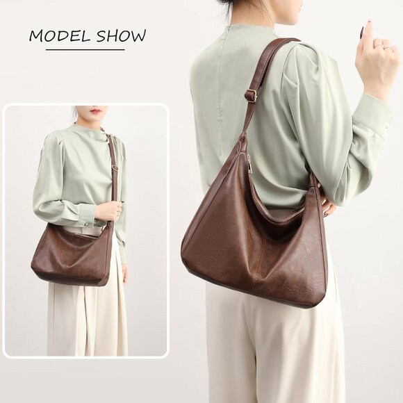 Hobo Bags for Women Foldable Vegan Leather Shoulder Handbag Slouchy Tote Crossbo - Picture 2 of 9